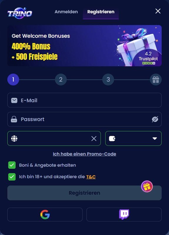 Trino Casino registration page with welcome bonus and free spins