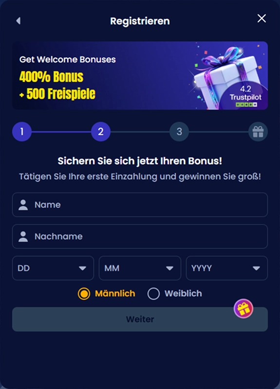 Trino Casino registration form for welcome bonus