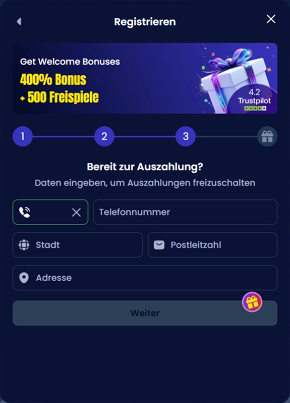 Trino Casino registration form for phone number and address