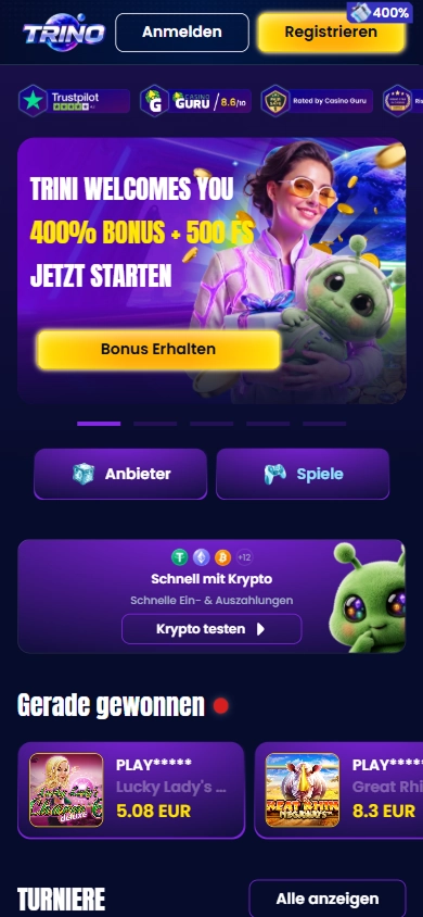 Trino Casino mobile screen showing welcome bonus and registration CTA