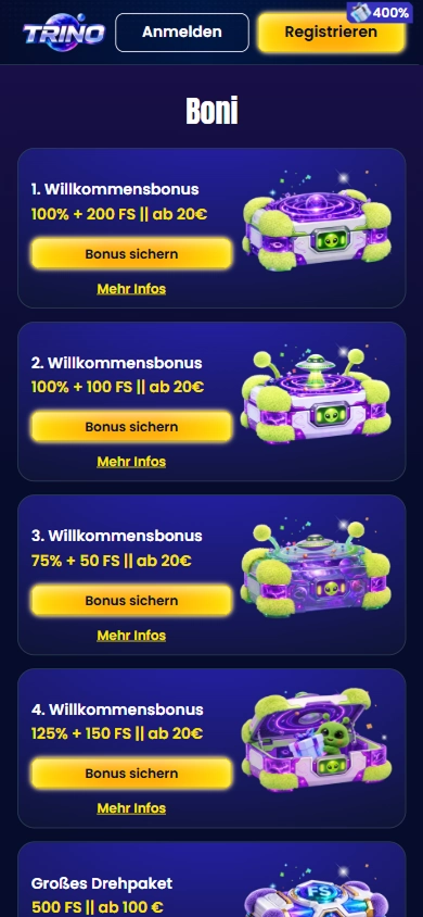 Trino Casino welcome bonus: 100 FS + 200 FS on 1st deposit