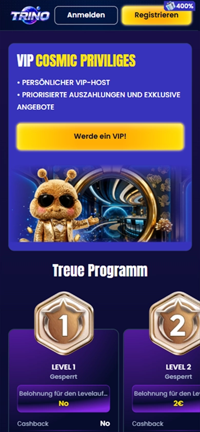Trino Casino VIP Cosmic Privileges banner with loyalty program details