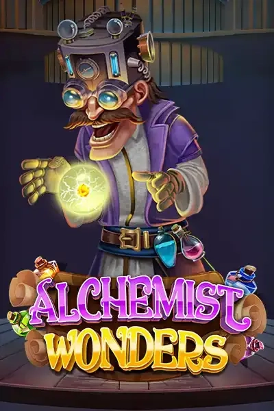 Alchemist Wonders slot game with cartoon alchemist creating glowing potion