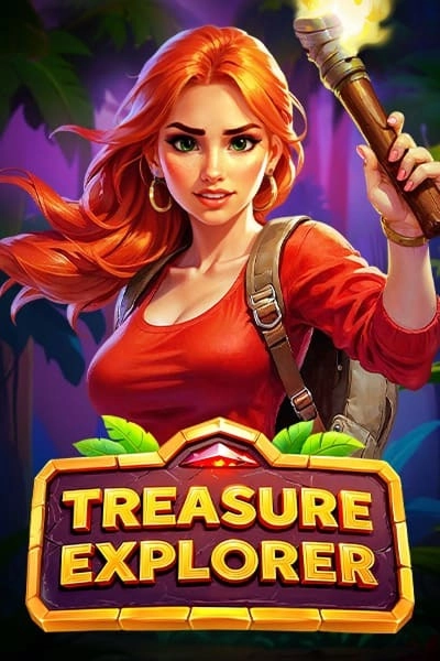 Treasure Explorer slot game with a red-haired adventurer holding a torch
