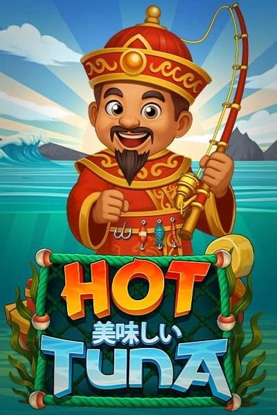 Hot Tuna slot game with cartoon fisherman and crashing waves