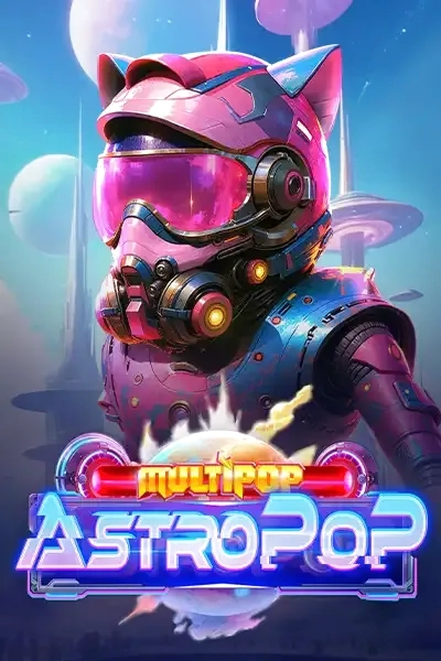AstroPop multipop game poster with a cat-themed astronaut in a futuristic city