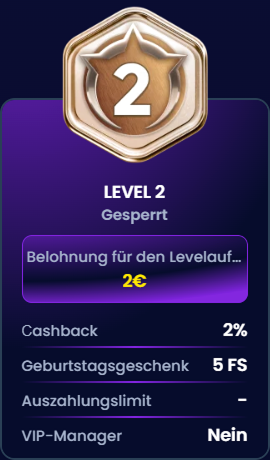 Trino Casino Level 2 locked status with €2 bonus reward