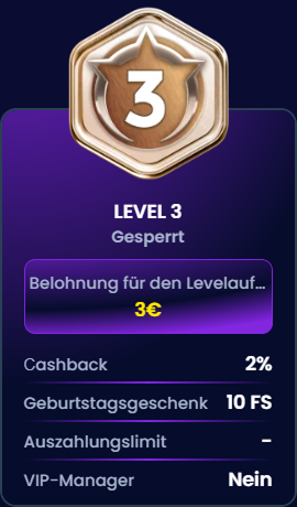 Trino Casino Level 3 reward: 3€ bonus, 2% cashback, 10 FS